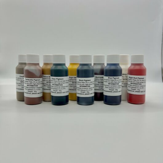 Picture of the ten Jesmonite pigment colours in 50ml bottles