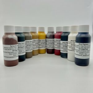 Picture of the ten Jesmonite pigment colours in 50ml bottles