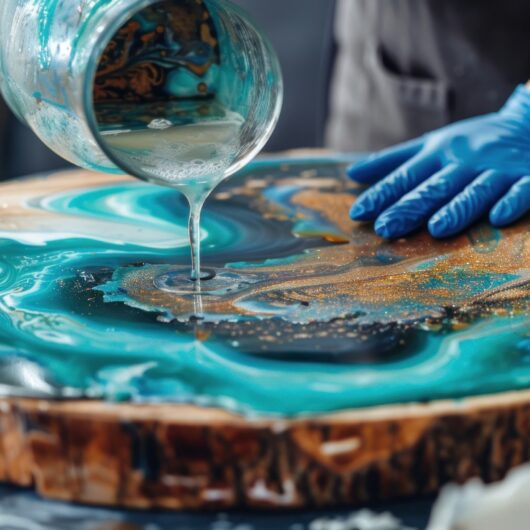 Pouring Resin on a Wooden Slab with Blue and Gold Swirls